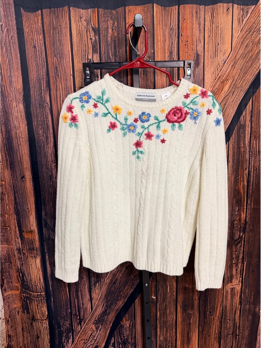 Alfred Dunner Petite PM White Cable Knit Sweater with Floral Embroidery